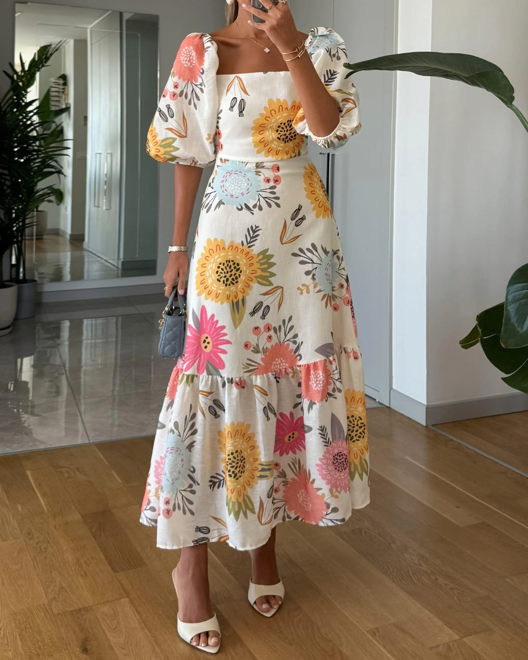 Talia | Puff Sleeve Floral Print Midi Dress
