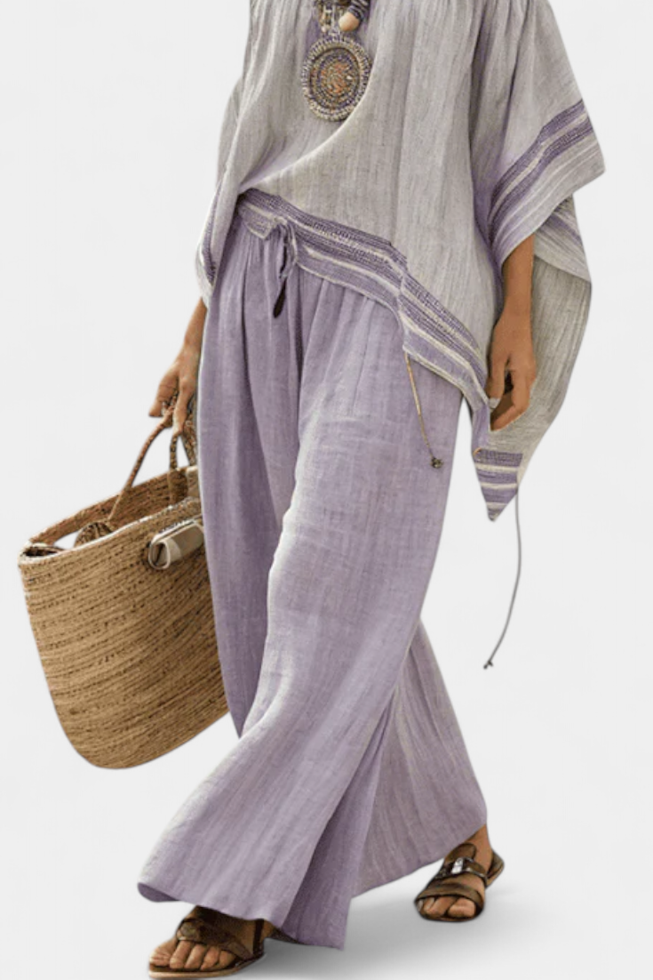 Talia | Elegant Off-Shoulder Top & Wide-Leg Striped Pants
