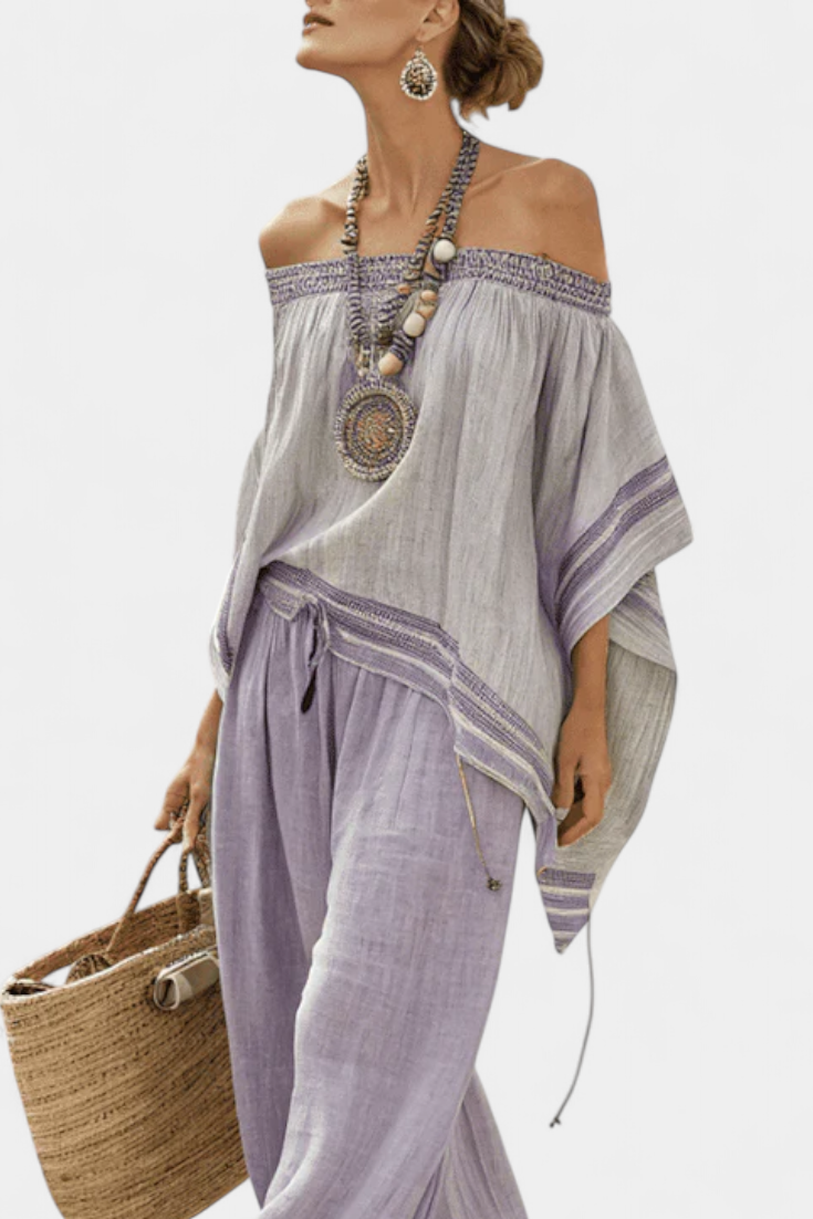 Talia | Elegant Off-Shoulder Top & Wide-Leg Striped Pants