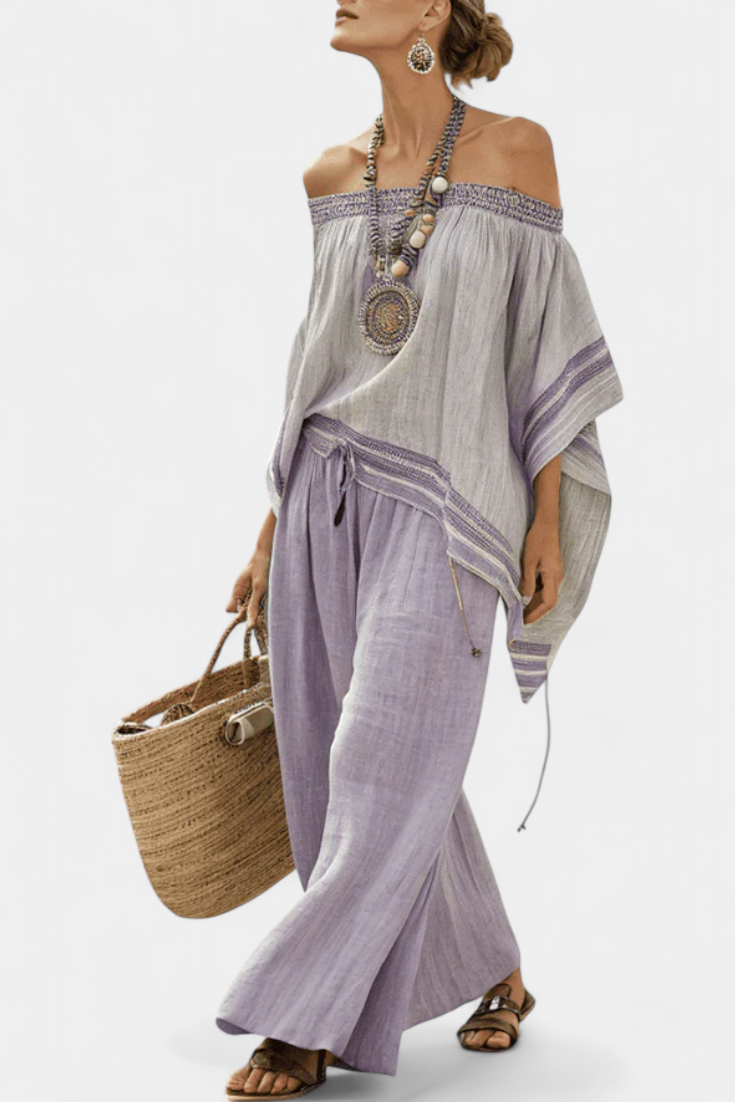 Talia | Elegant Off-Shoulder Top & Wide-Leg Striped Pants