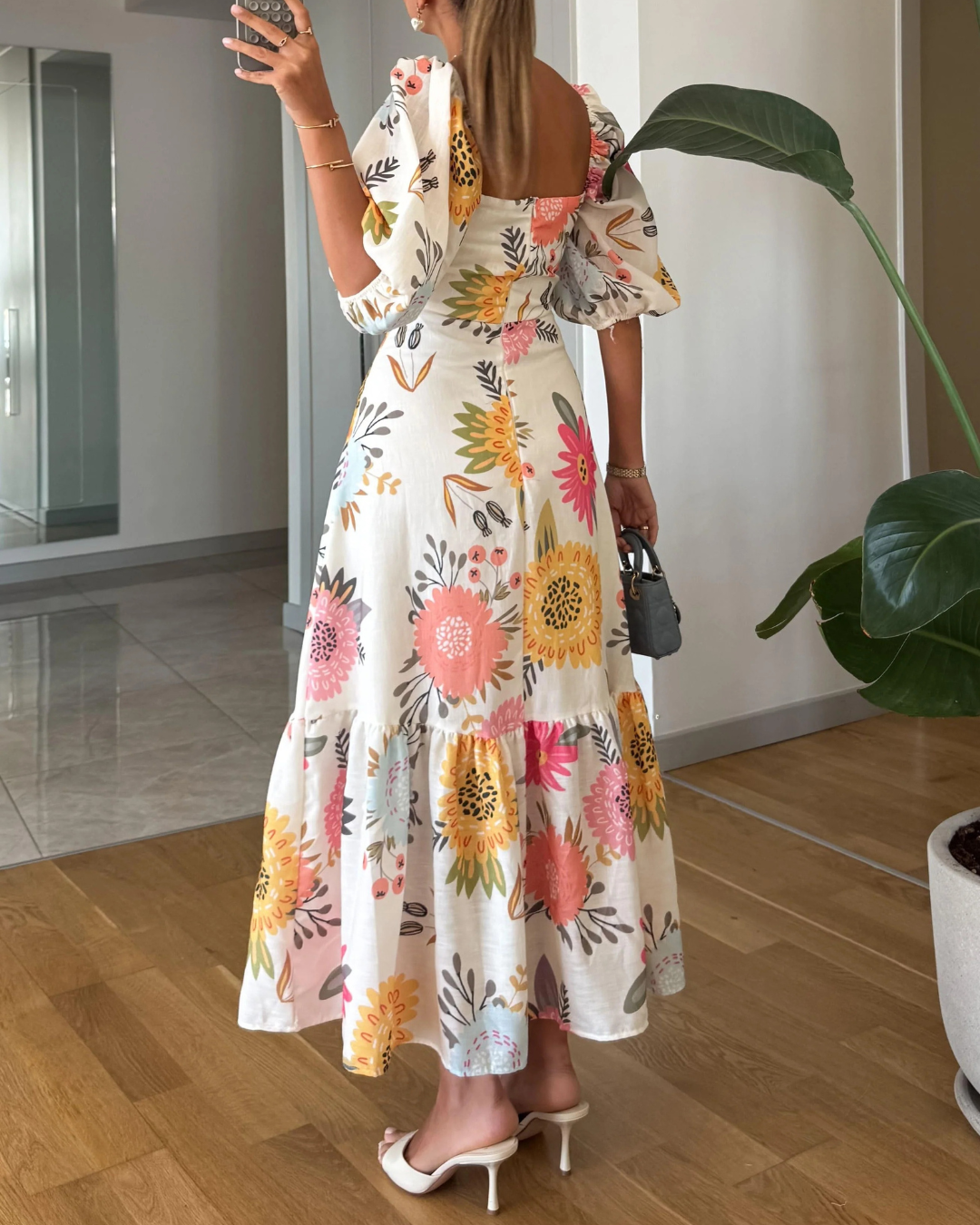 Talia | Puff Sleeve Floral Print Midi Dress