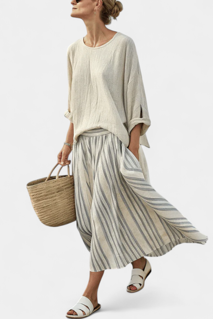 Talia | Comfortable Loose Blouse & Striped Midi Skirt