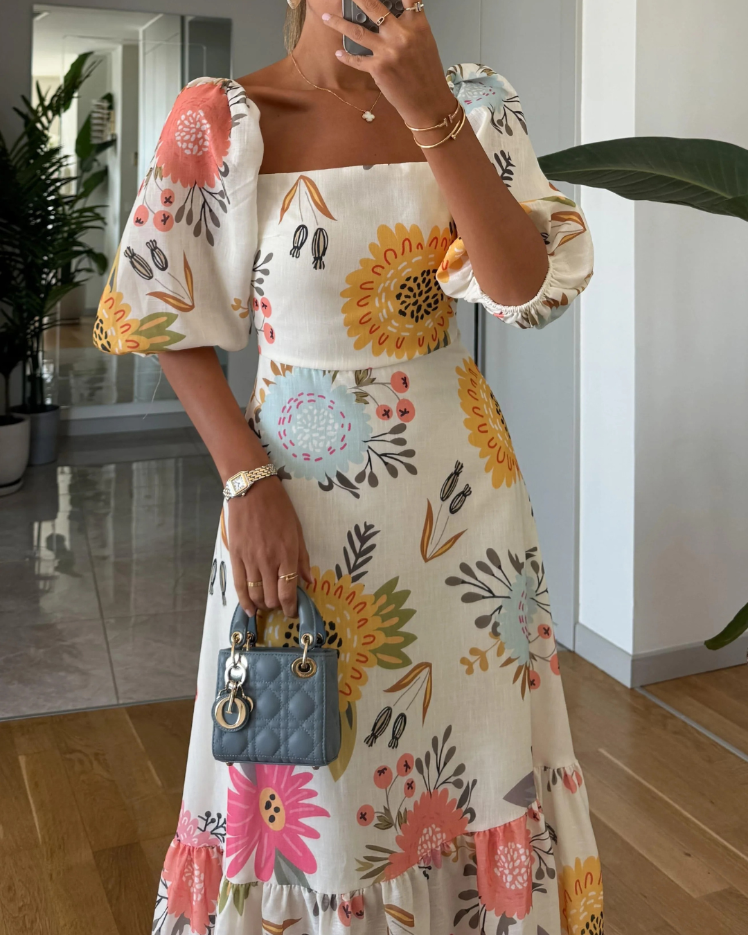 Talia | Puff Sleeve Floral Print Midi Dress