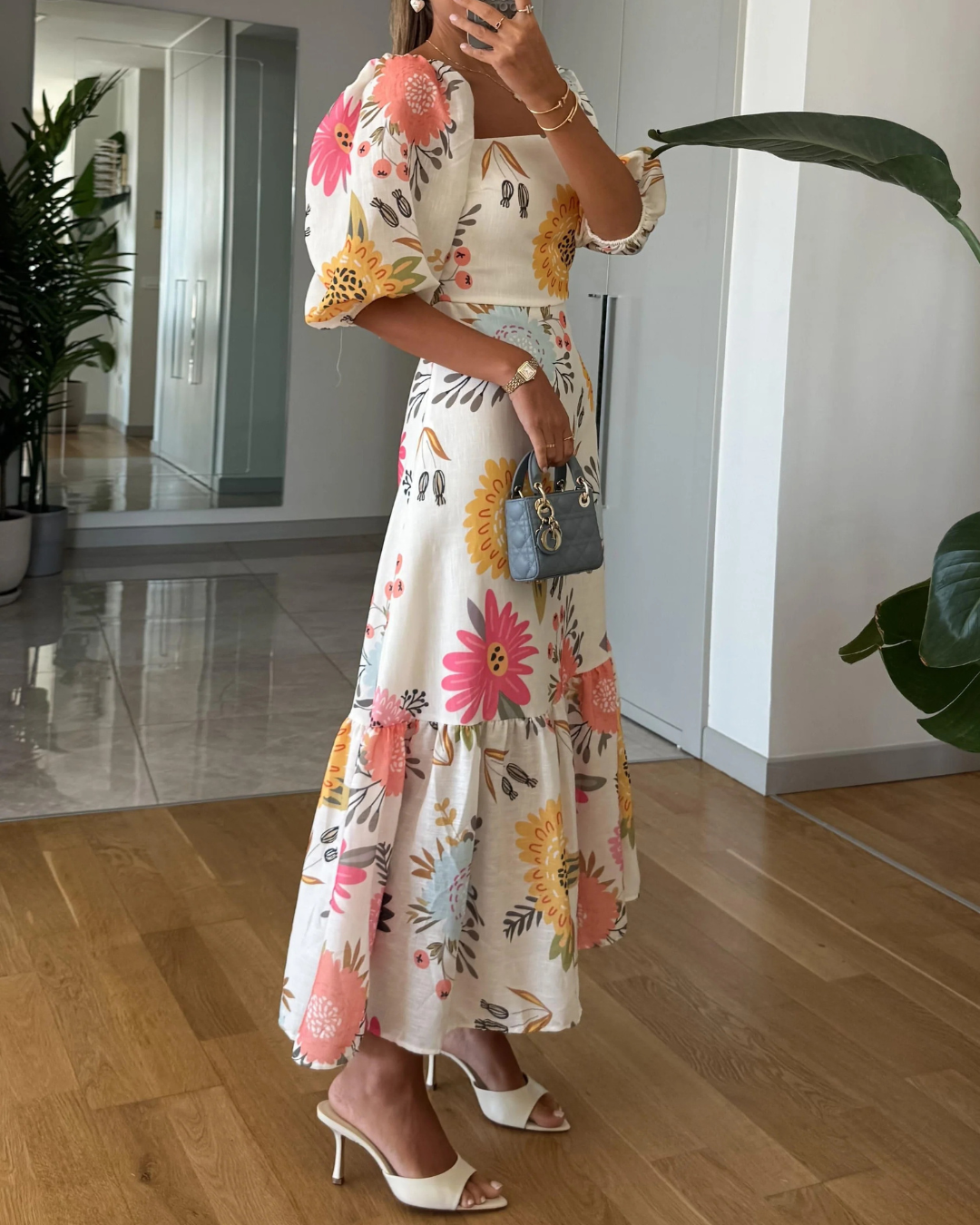 Talia | Puff Sleeve Floral Print Midi Dress