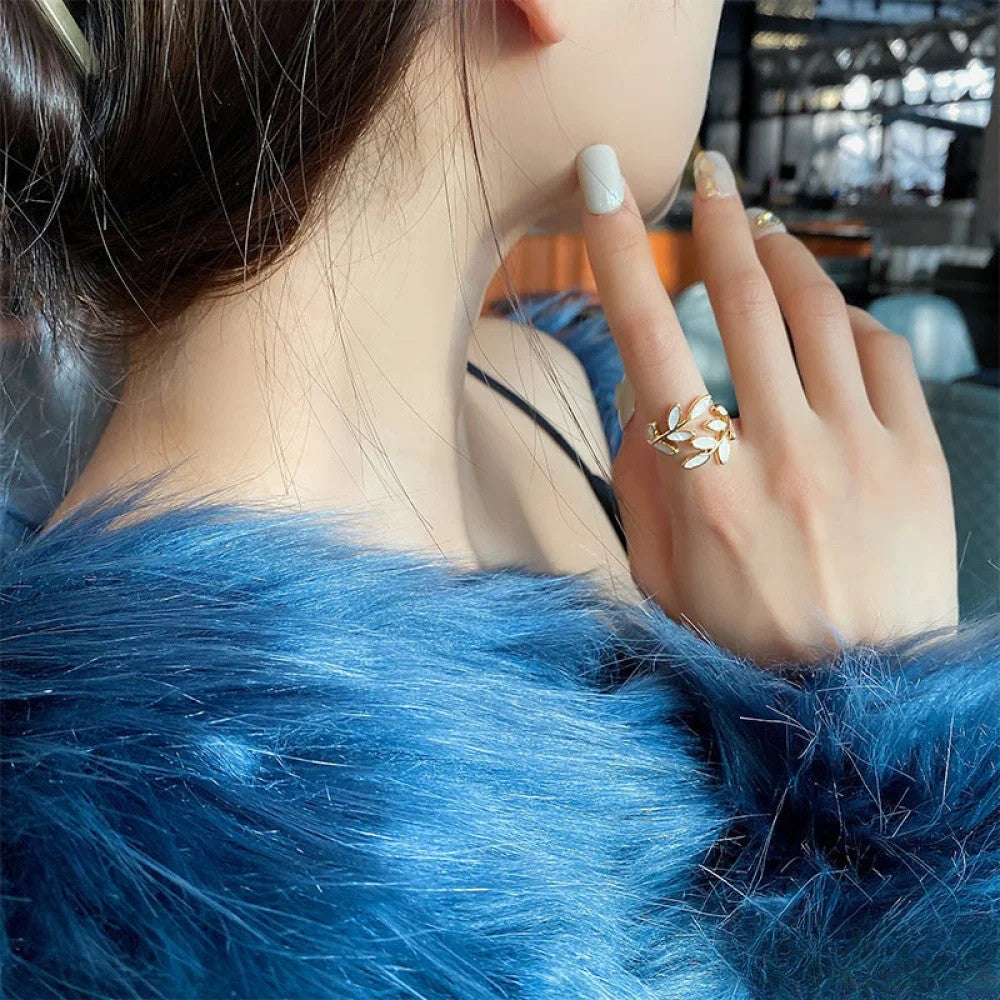 Talia | Adjustable Gold Ring with White Opal Leaf