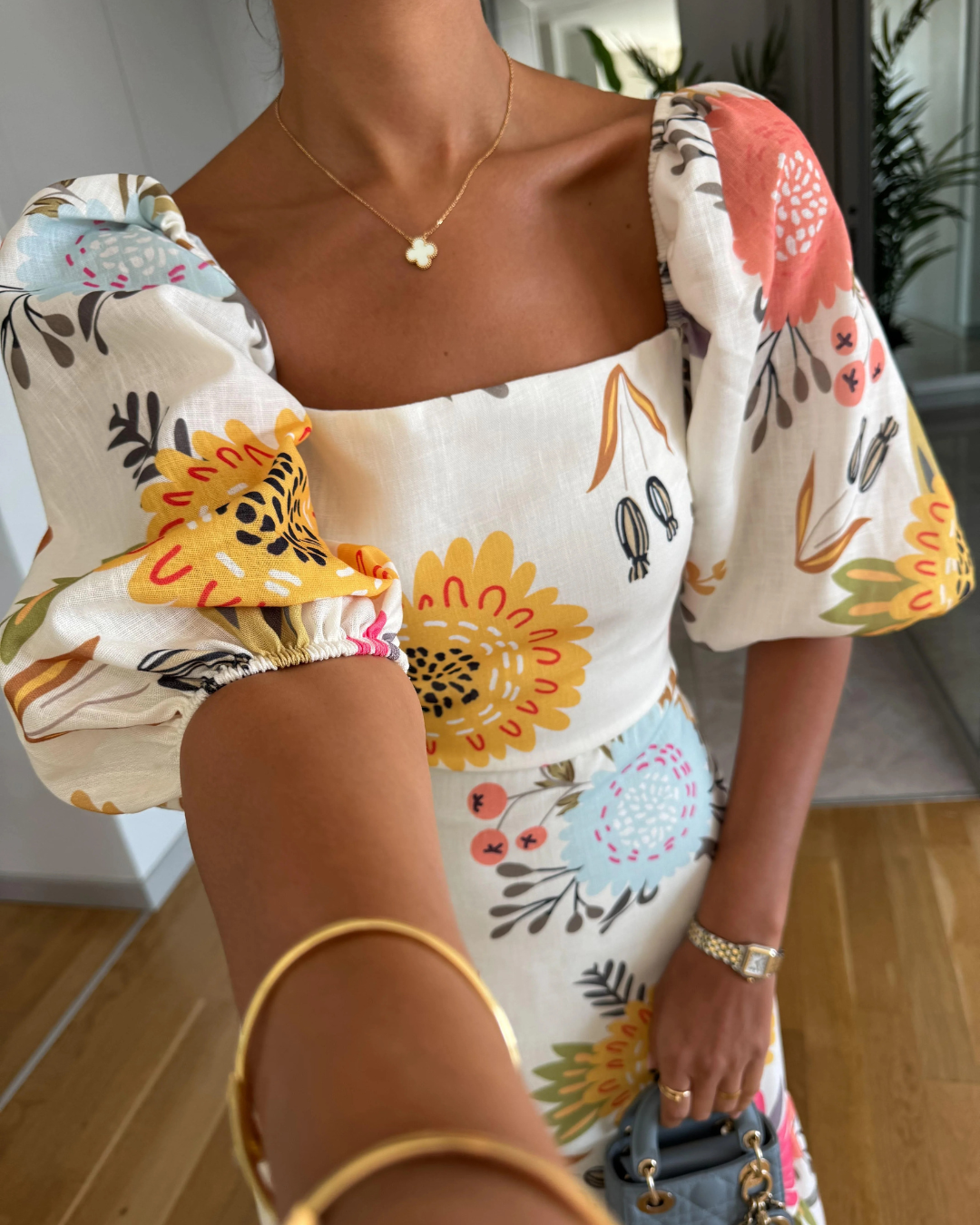 Talia | Puff Sleeve Floral Print Midi Dress