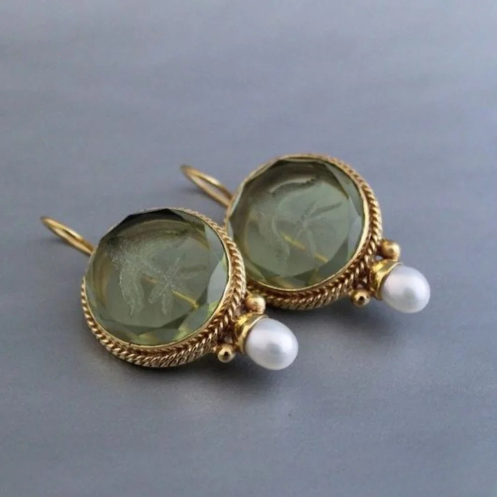Talia | Vintage Round Green Stone Earrings