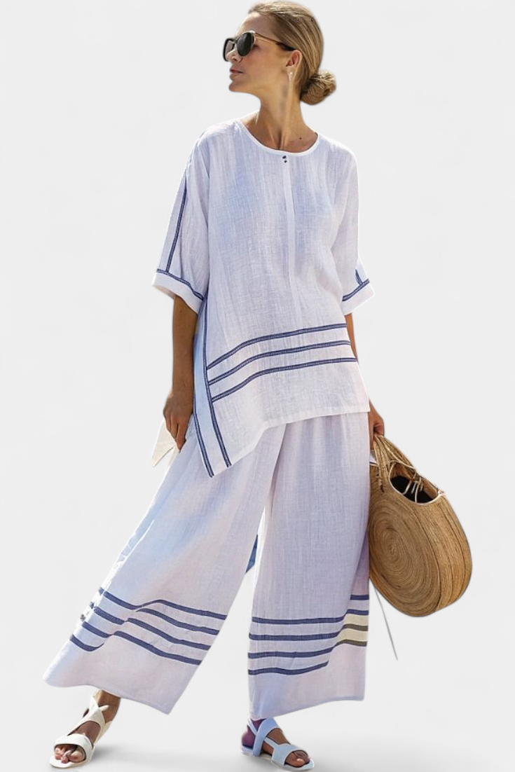 Talia | Sophisticated Striped Asymmetrical Top & Bold Pants