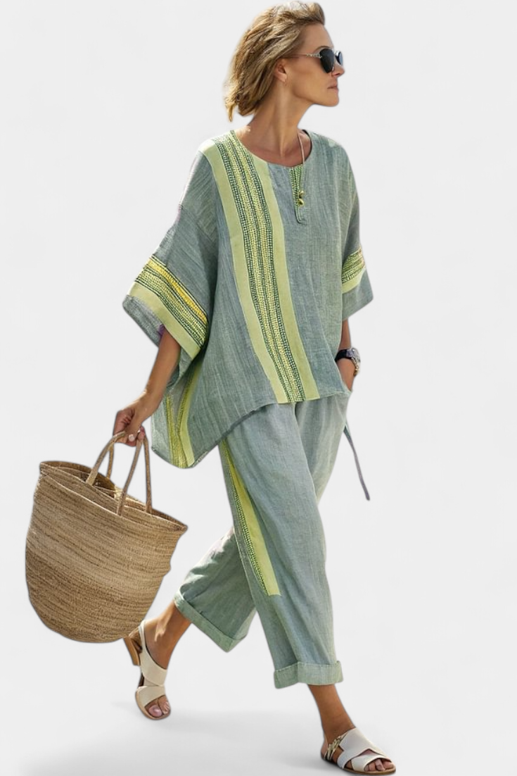 Talia | Elegant Lavender Top & Mustard Striped Pants