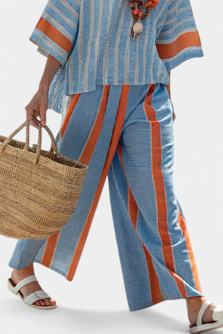 Talia | Sophisticated Terracotta Striped Top & Linen Pants