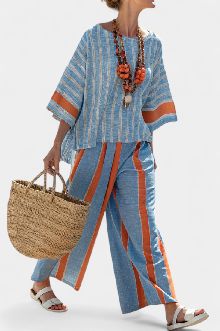 Talia | Sophisticated Terracotta Striped Top & Linen Pants