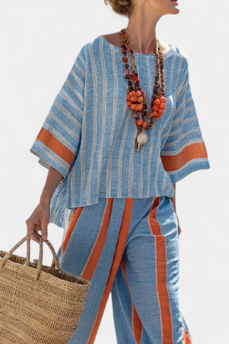 Talia | Sophisticated Terracotta Striped Top & Linen Pants