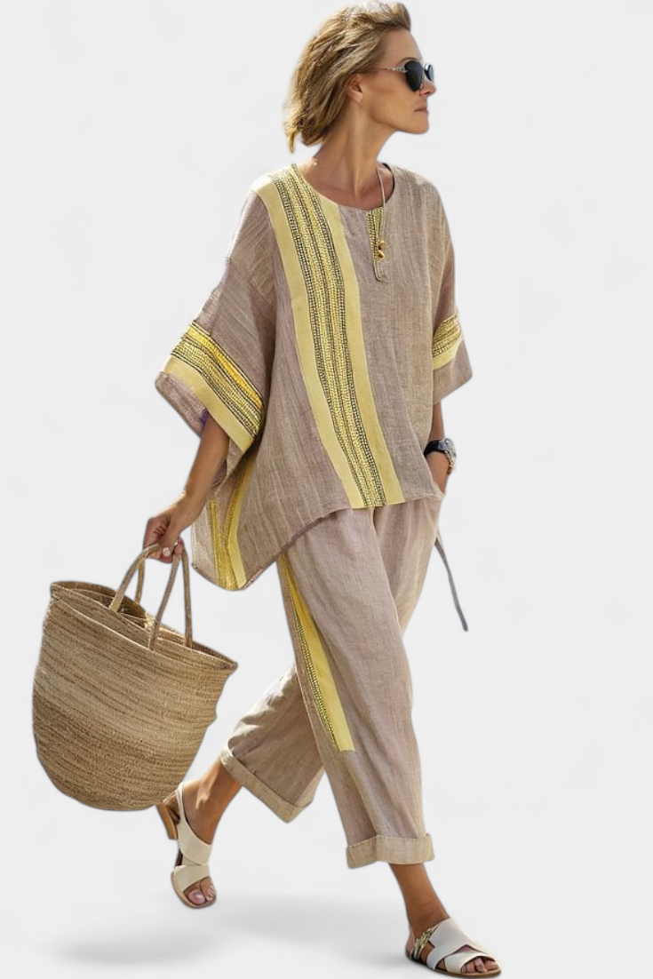Talia | Elegant Lavender Top & Mustard Striped Pants