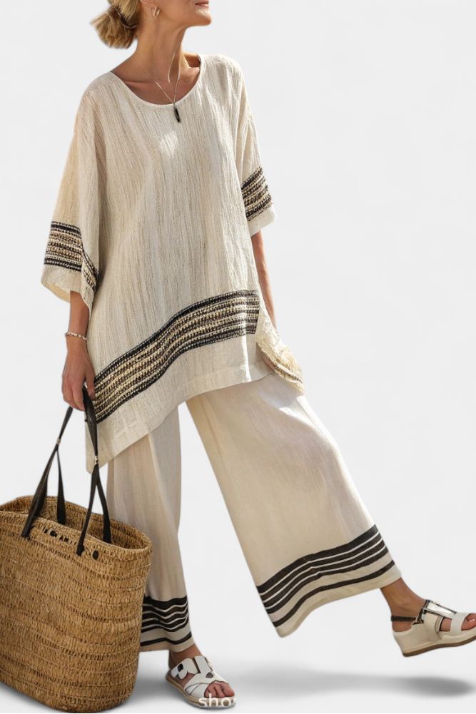 Talia | Elegant Black-Striped Linen Top & Flowing Pants