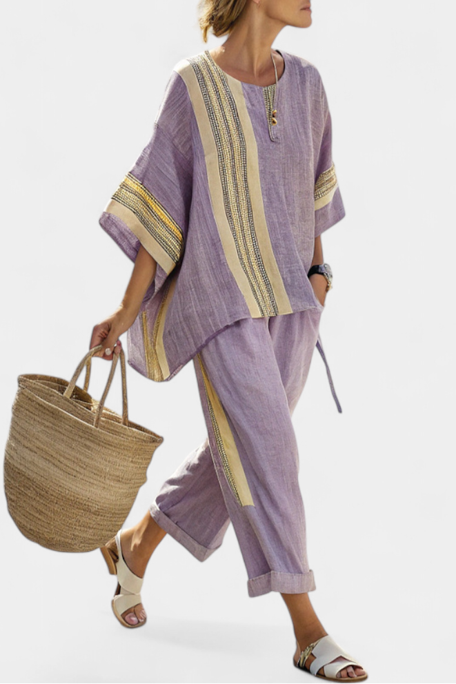 Talia | Elegant Lavender Top & Mustard Striped Pants