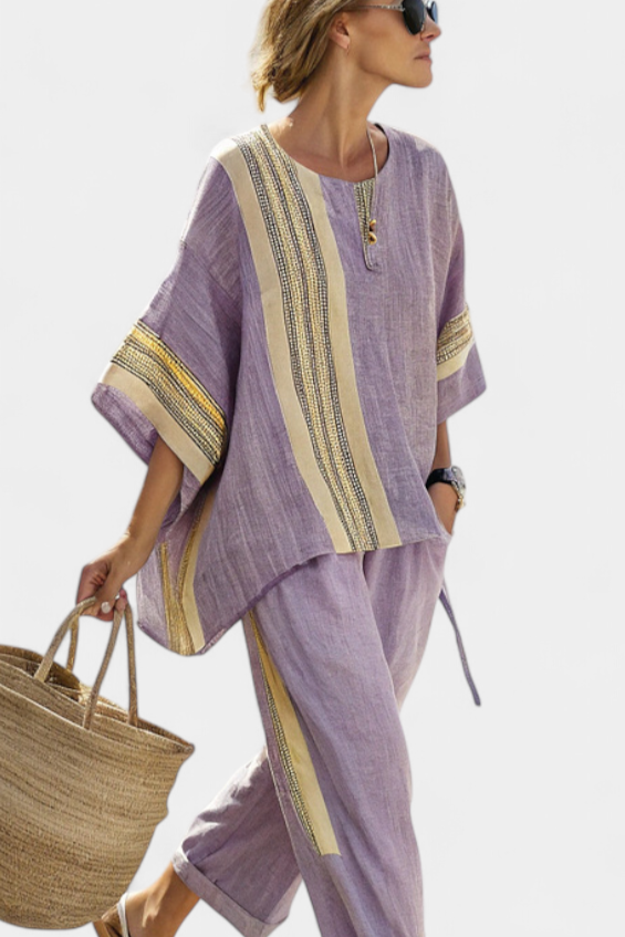 Talia | Elegant Lavender Top & Mustard Striped Pants