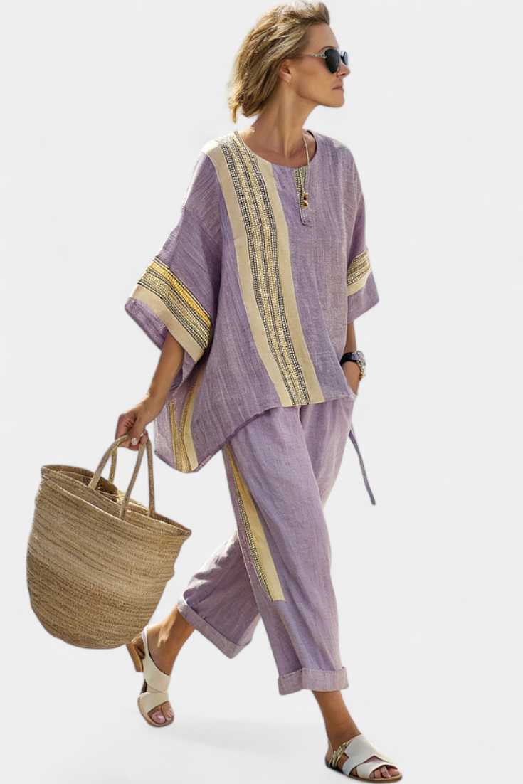 Talia | Elegant Lavender Top & Mustard Striped Pants