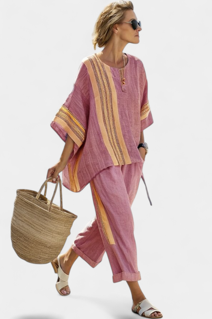 Talia | Elegant Lavender Top & Mustard Striped Pants