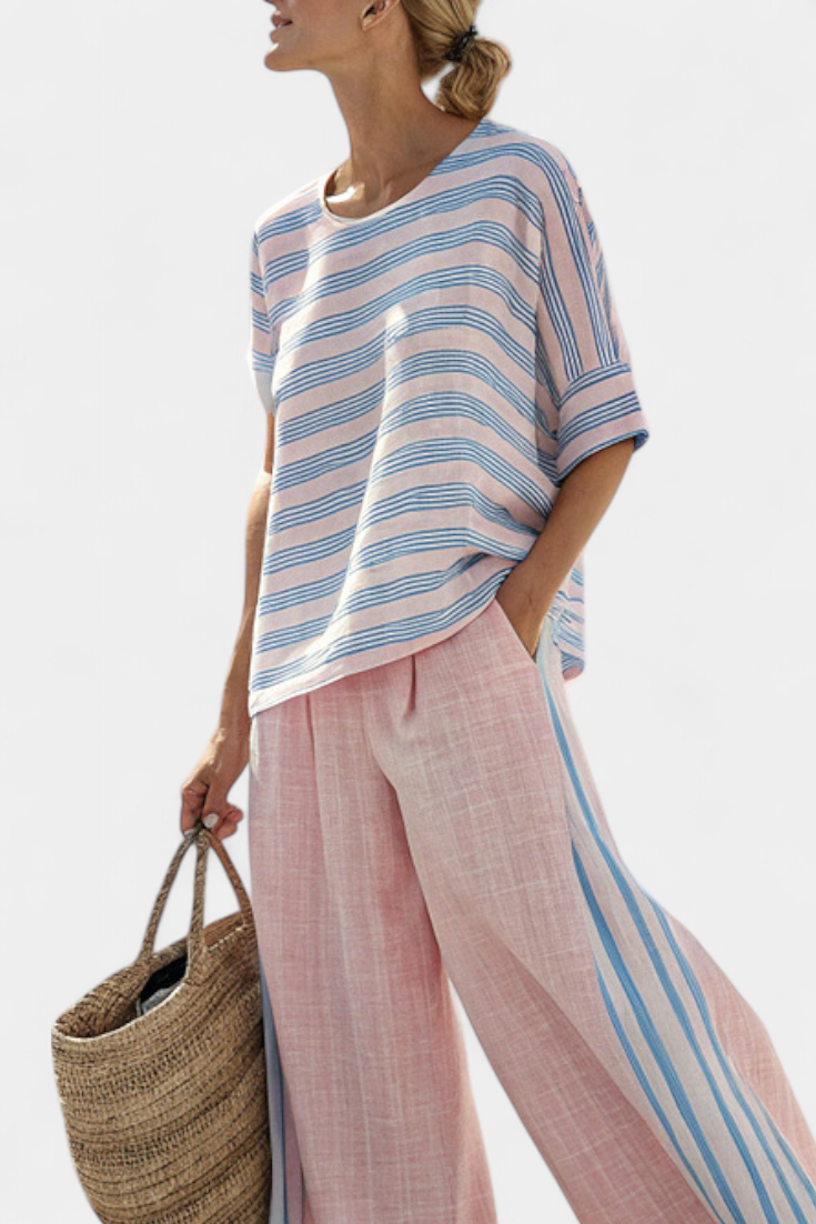 Talia | Elegant Pink-Blue Linen Blouse & Soft Pants