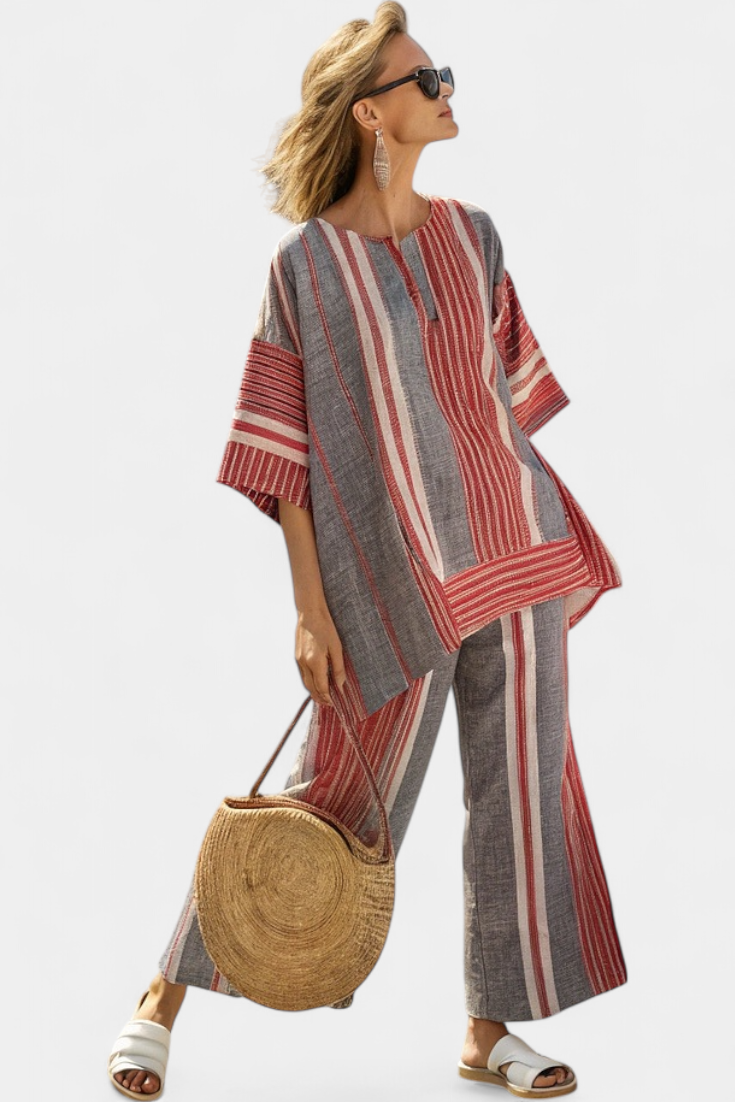 Talia | Elegant Coral-Gray Linen Top & Wide-Leg Pants