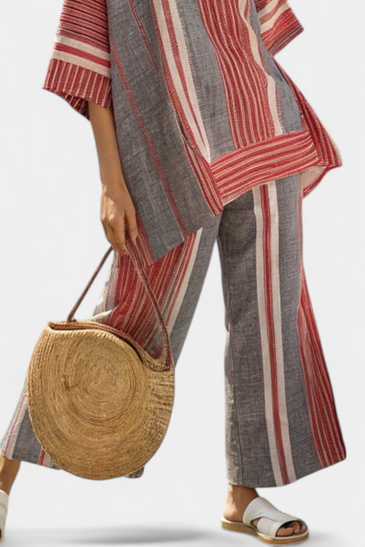 Talia | Elegant Coral-Gray Linen Top & Wide-Leg Pants