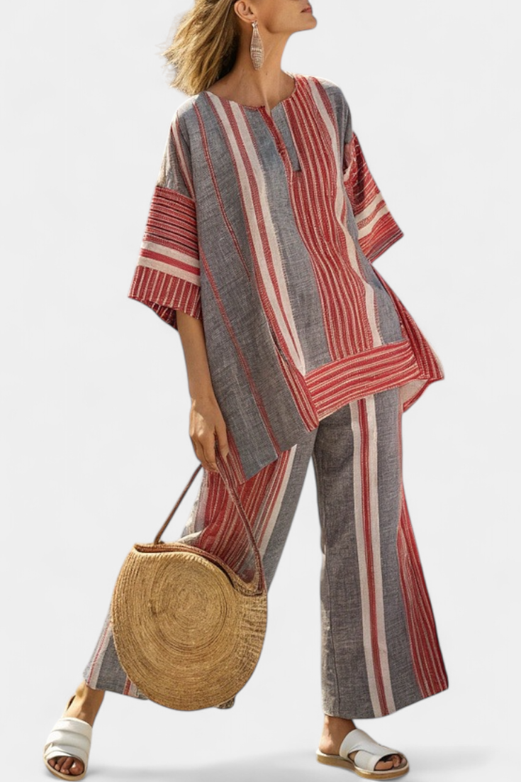 Talia | Elegant Coral-Gray Linen Top & Wide-Leg Pants