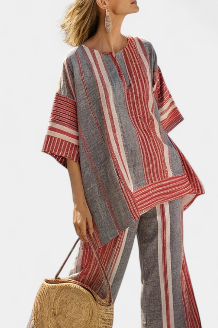 Talia | Elegant Coral-Gray Linen Top & Wide-Leg Pants