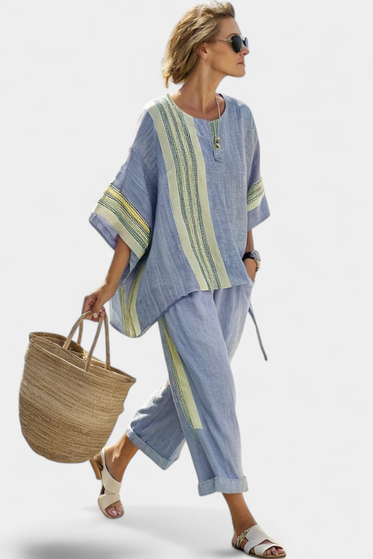 Talia | Elegant Lavender Top & Mustard Striped Pants