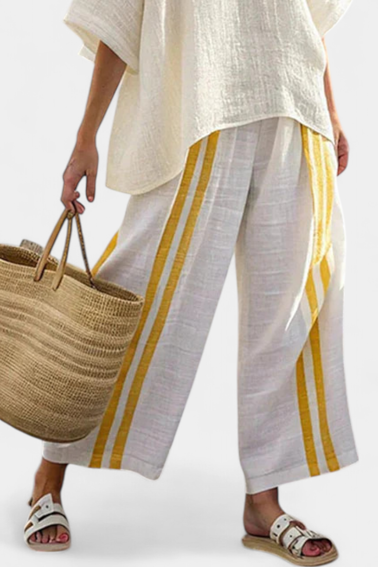 Talia | Elegant Yellow Striped Linen Top & Wide-Leg Pants