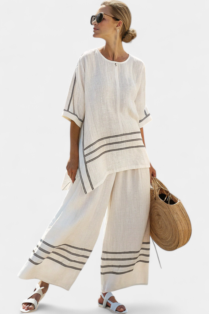 Talia | Sophisticated Striped Asymmetrical Top & Bold Pants