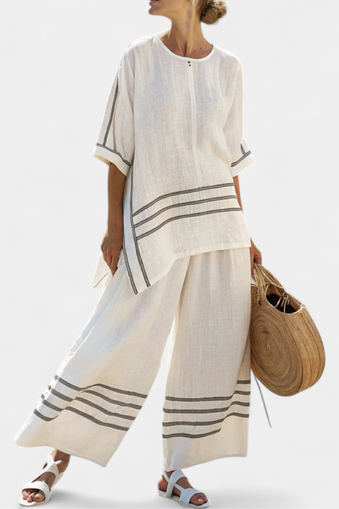 Talia | Sophisticated Striped Asymmetrical Top & Bold Pants