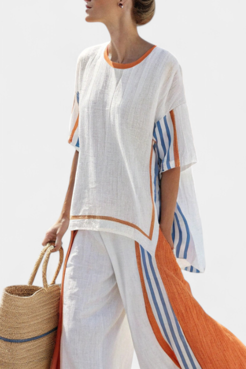 Talia | Comfortable Wide-Leg Striped Pants & Linen Top
