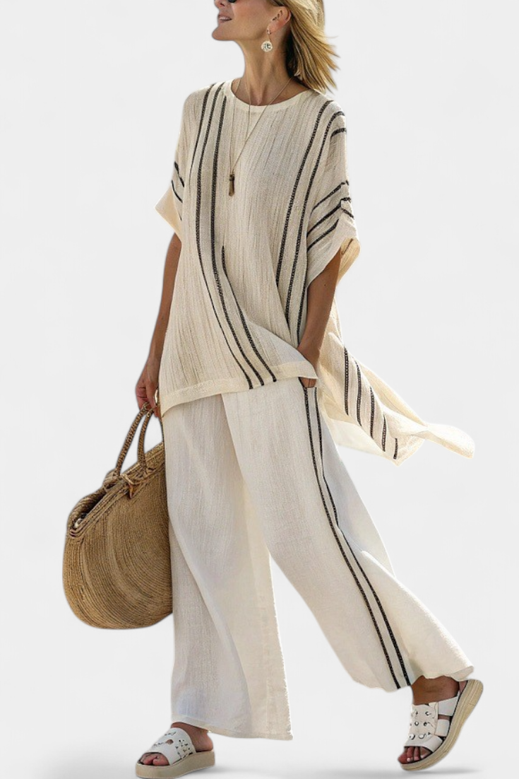 Talia | Elegant Ivory Linen Blouse & Black Striped Pants