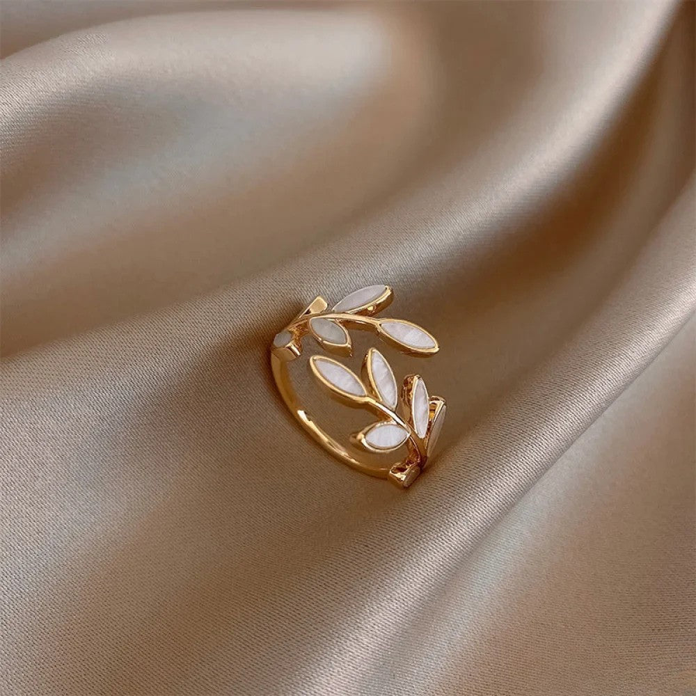 Talia | Adjustable Gold Ring with White Opal Leaf