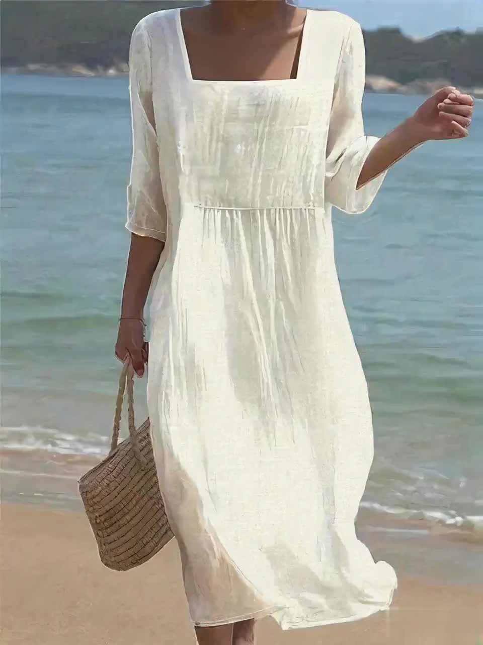 Talia | Square Neck Linen Midi Dress