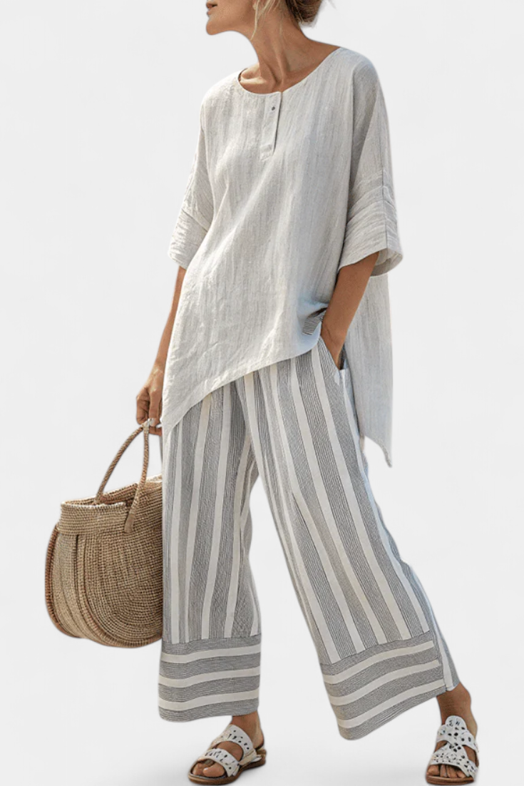 Talia | Elegant Asymmetrical Blouse & Striped Pants