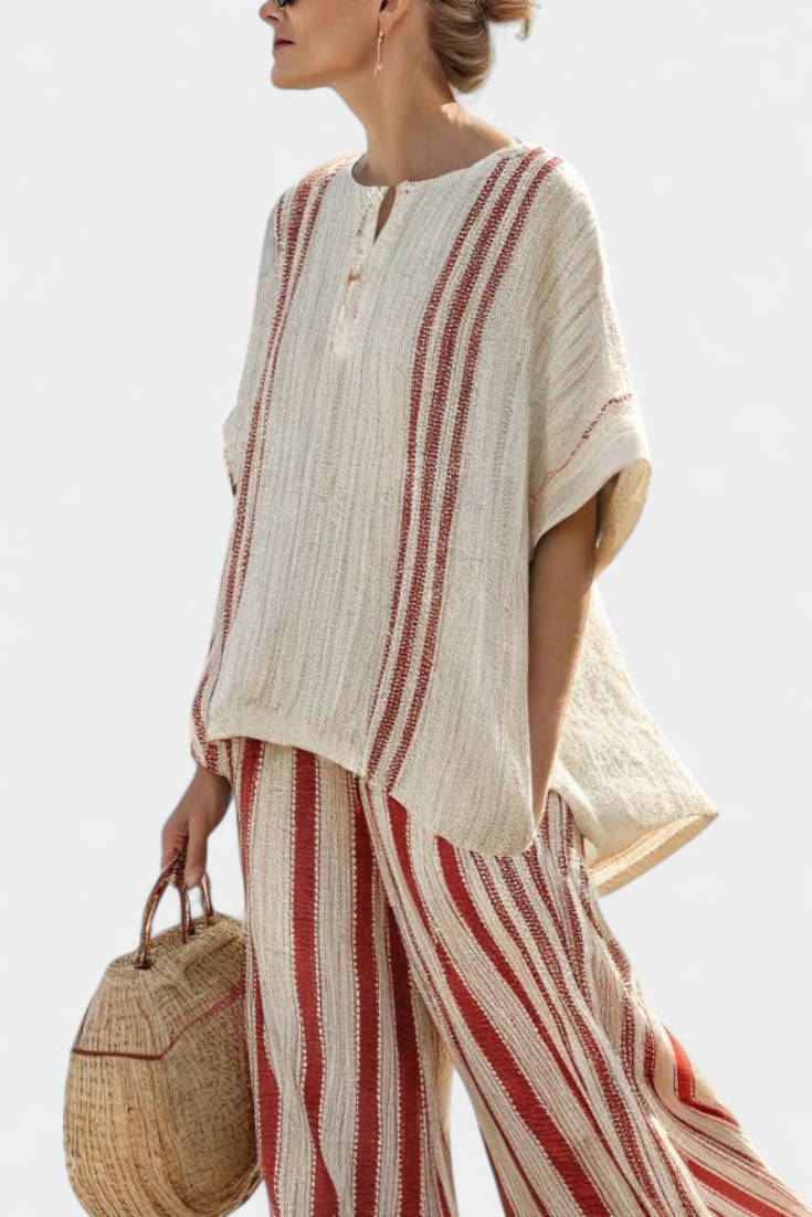 Talia | Sophisticated Textured Red-Stripe Top & Linen Pants