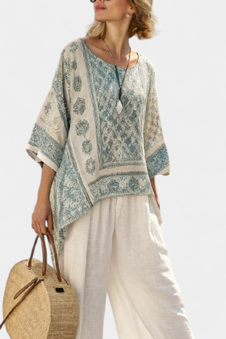 Talia | Comfortable Printed Blouse & Wide-Leg White Pants