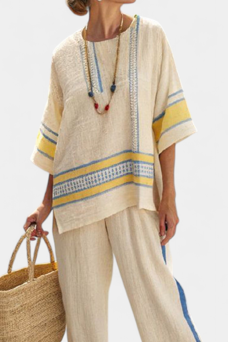 Talia | Comfortable Blue-Yellow Mediterranean Top & Linen Pants