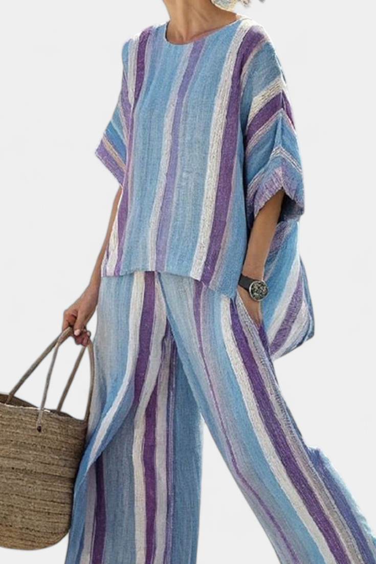 Talia | Elegant Mauve Pastel Top & Striped Linen Pants