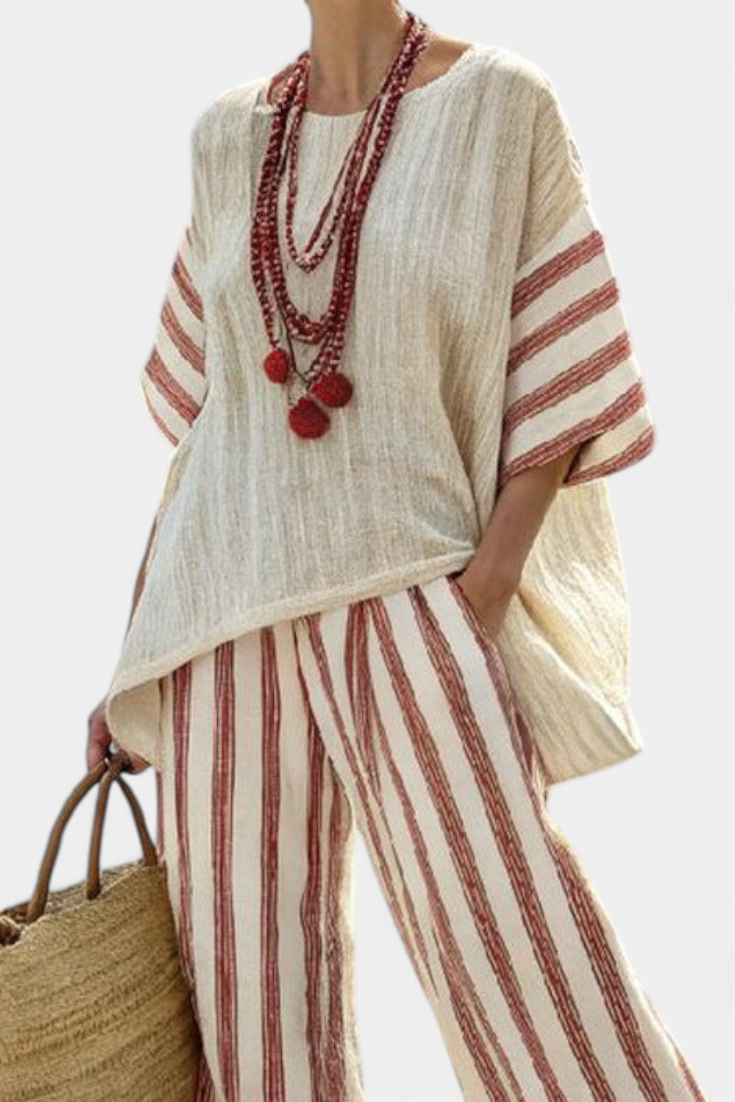 Talia | Elegant Rustic Striped Top & Cream Linen Pants
