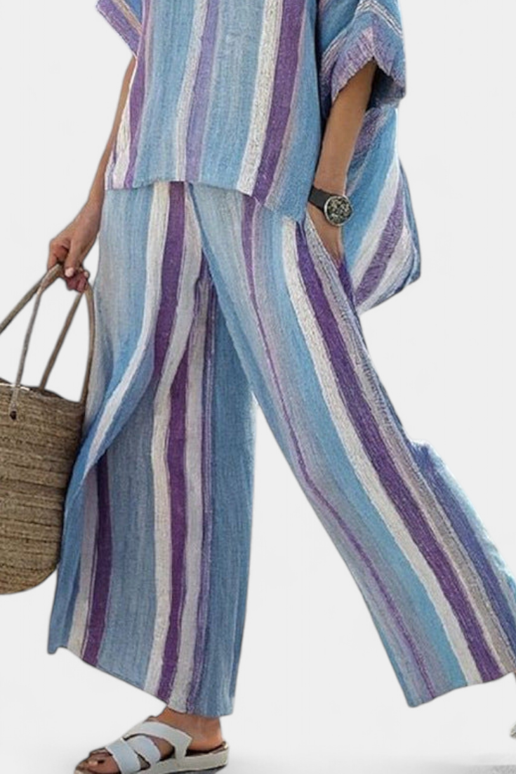 Talia | Elegant Mauve Pastel Top & Striped Linen Pants