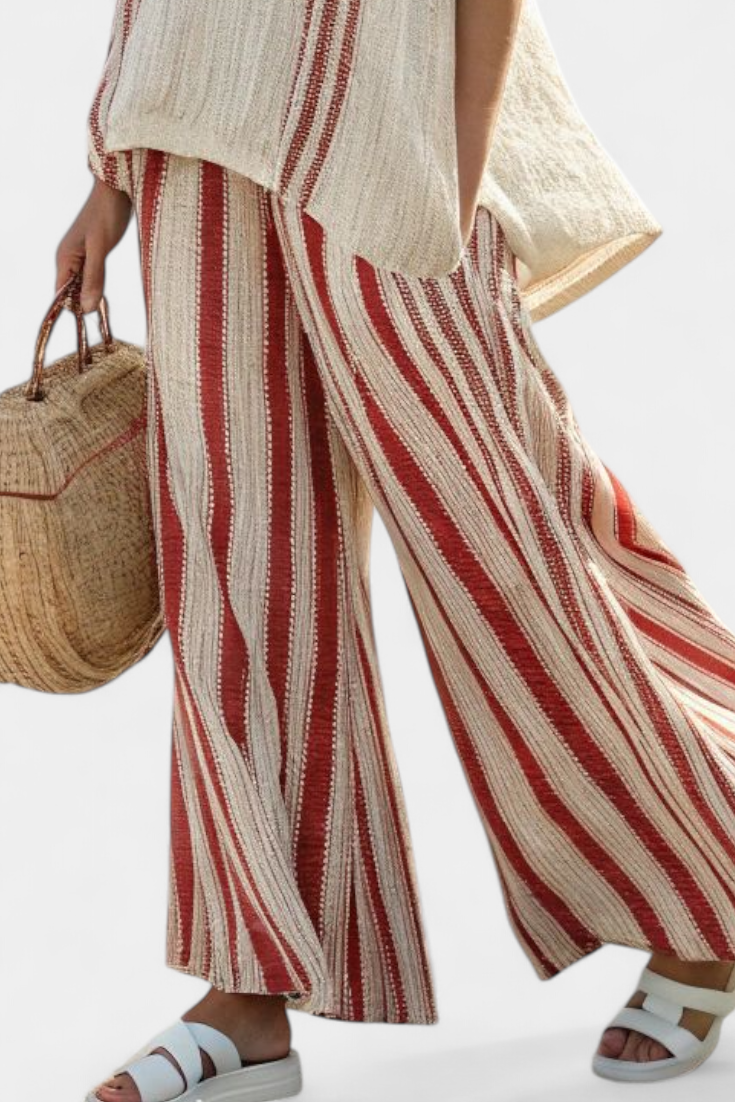 Talia | Sophisticated Textured Red-Stripe Top & Linen Pants