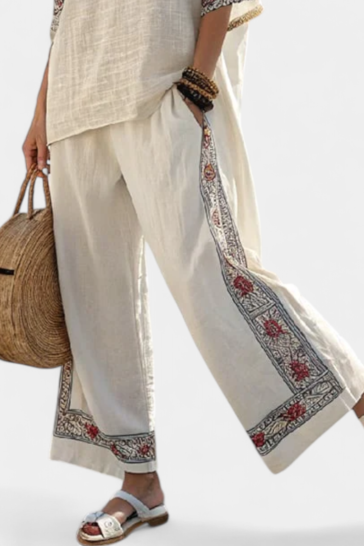 Talia | Sophisticated Embroidered Raw Blouse & Wide Pants