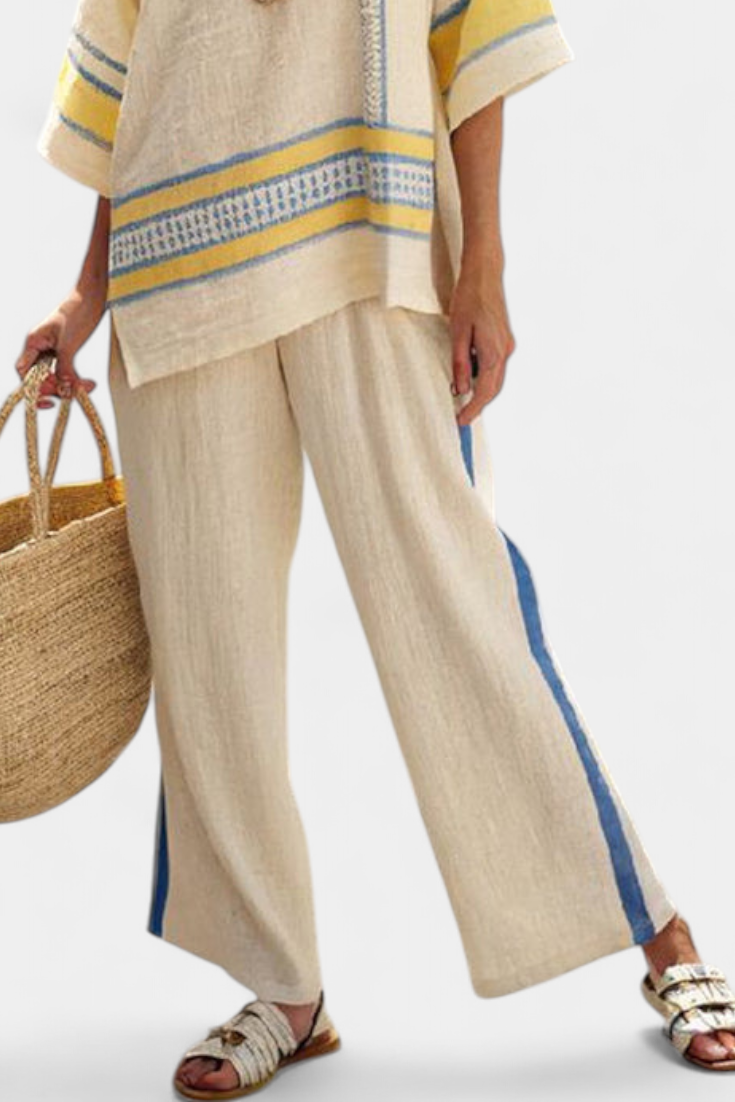 Talia | Comfortable Blue-Yellow Mediterranean Top & Linen Pants