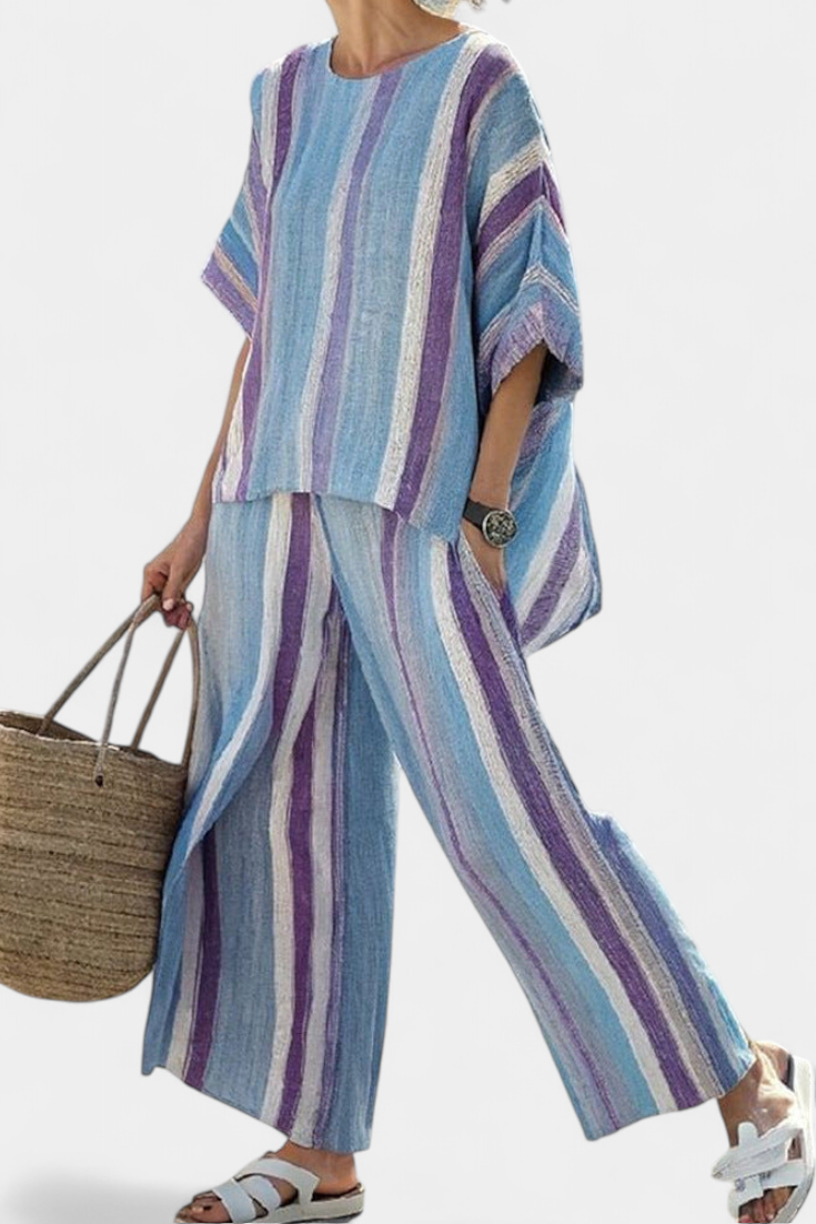 Talia | Elegant Mauve Pastel Top & Striped Linen Pants