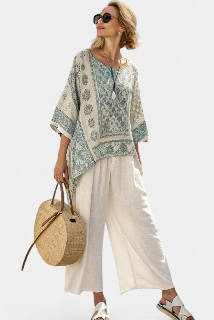 Talia | Comfortable Printed Blouse & Wide-Leg White Pants