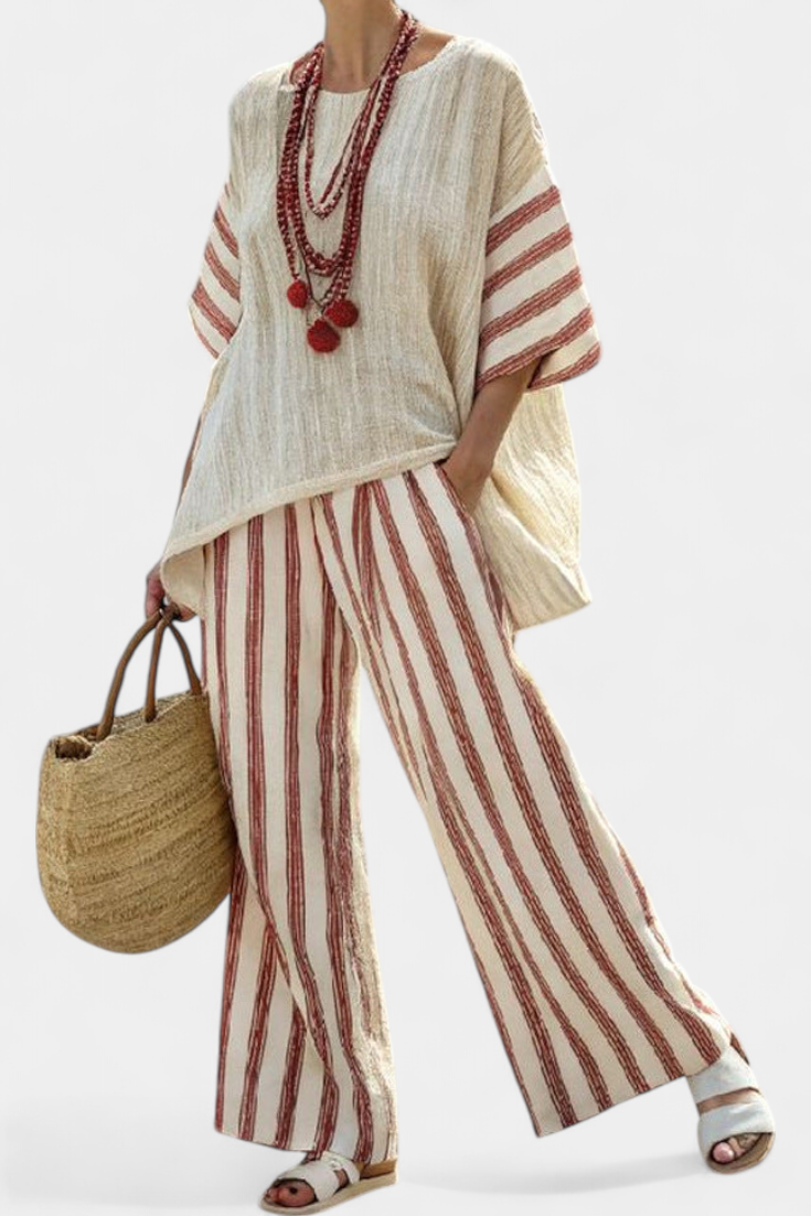Talia | Elegant Rustic Striped Top & Cream Linen Pants