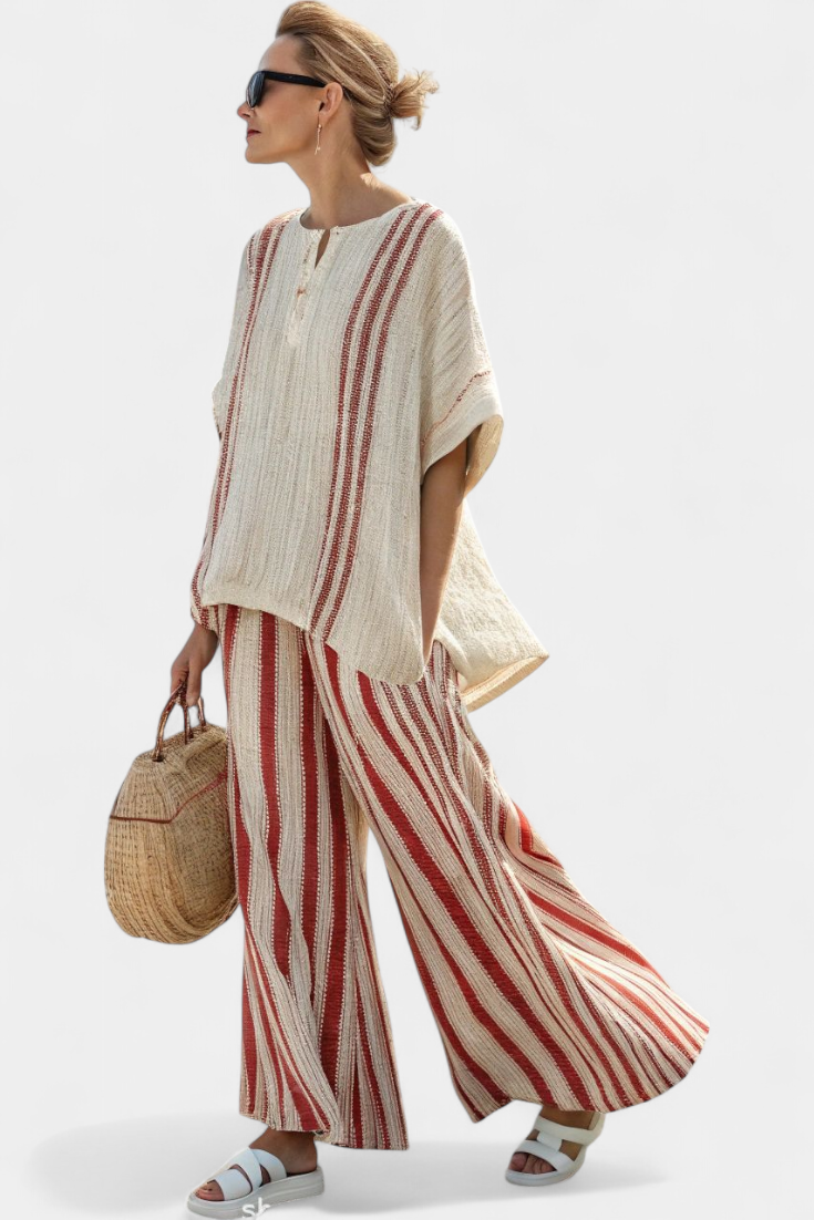 Talia | Sophisticated Textured Red-Stripe Top & Linen Pants