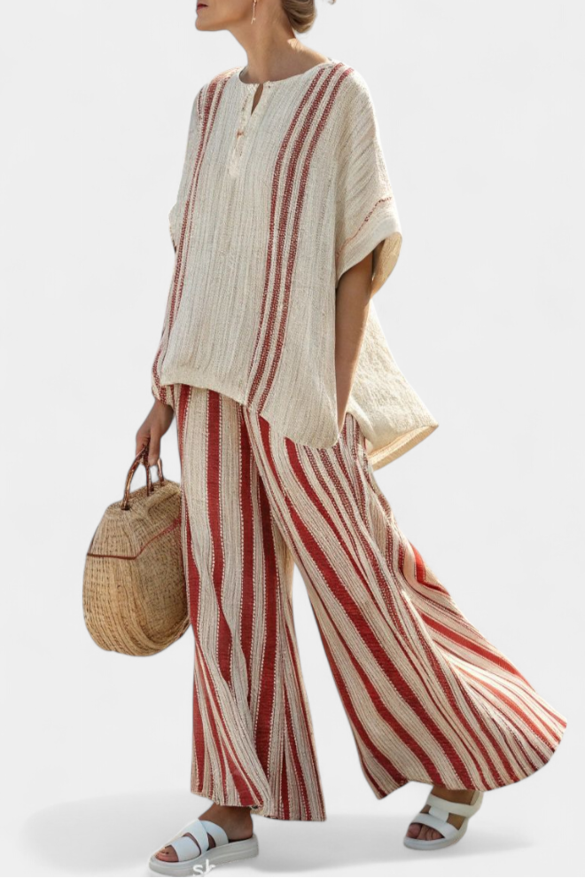 Talia | Sophisticated Textured Red-Stripe Top & Linen Pants